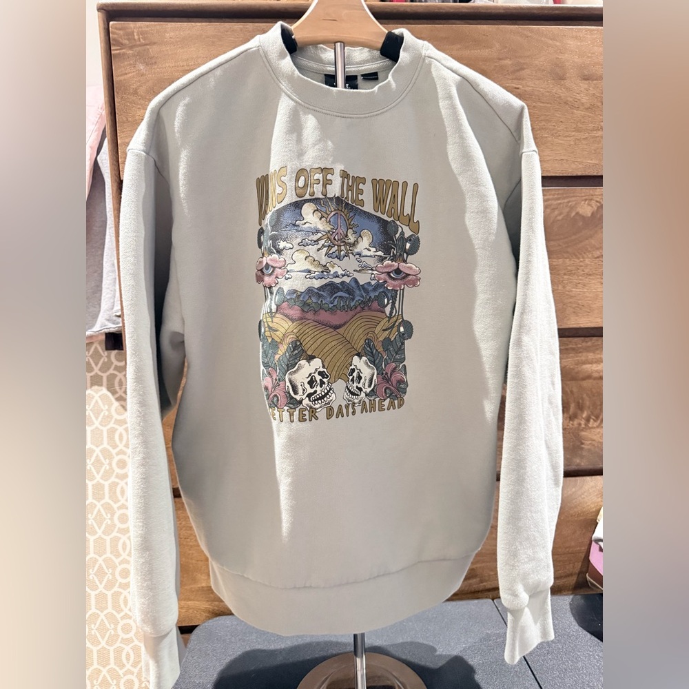 Vans Cream Crewneck Sweater Graphic skulls oversized psychedelic peace sign